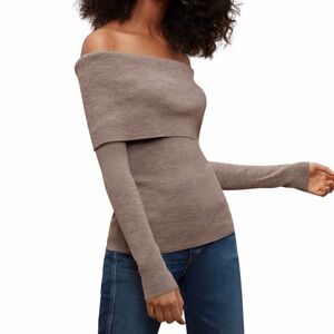 Aritzia Wilfred Croquis Off-The-Shoulder Ribbed Knit Sweater Taupe Brown Sz L